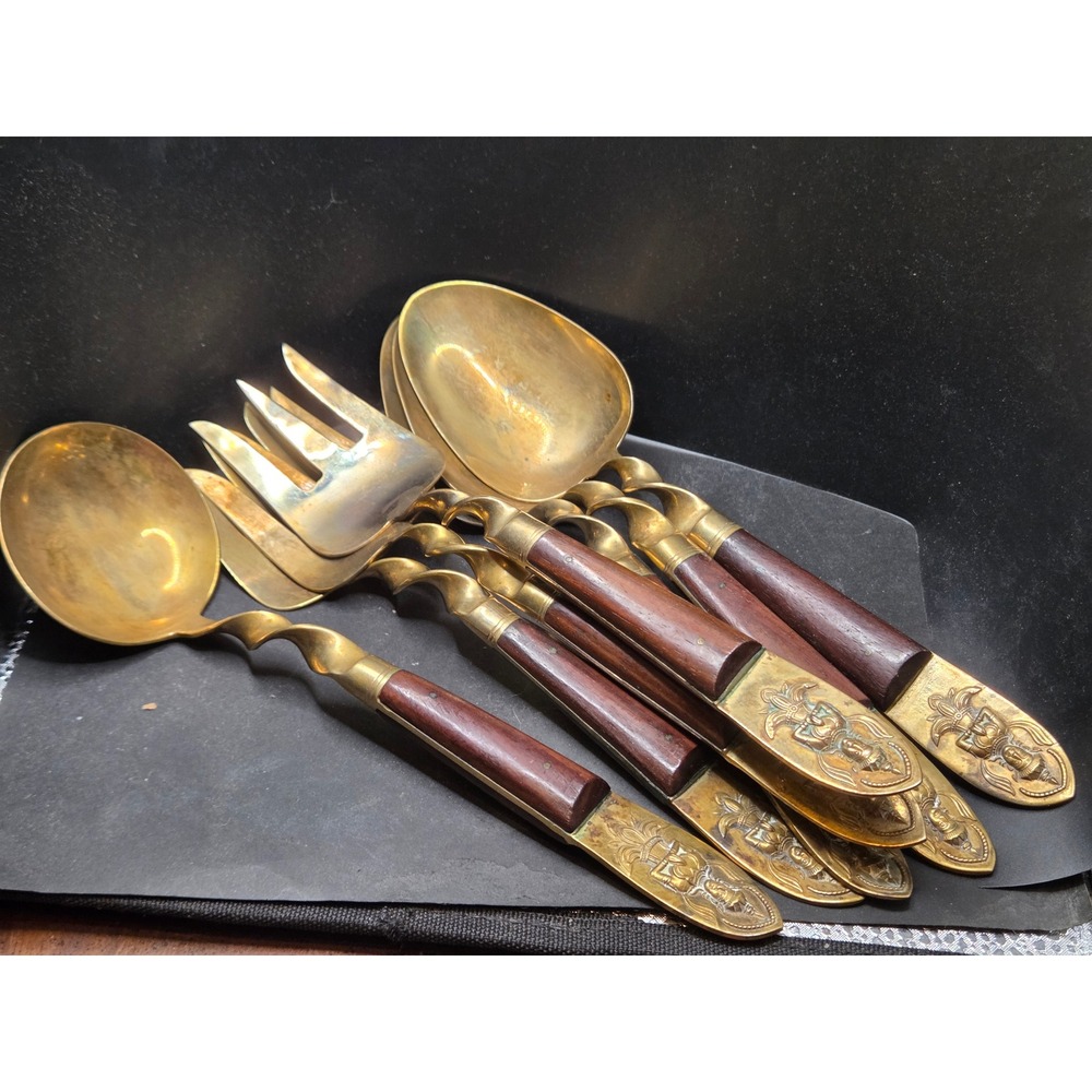 Vintage Thai Bronze Rosewood Serving Set 7pc Gold Goddess Buddha Mid Century